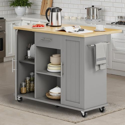 SUNLEI Rolling Kitchen Island Cart with Wheels, Island Table for Kitchen, Farmhouse Kitchen Cart with Drop Leaf & Towel Rack & Drawer, Kitchen Islands Table with Storage Cabinet, Grey - style: Grey