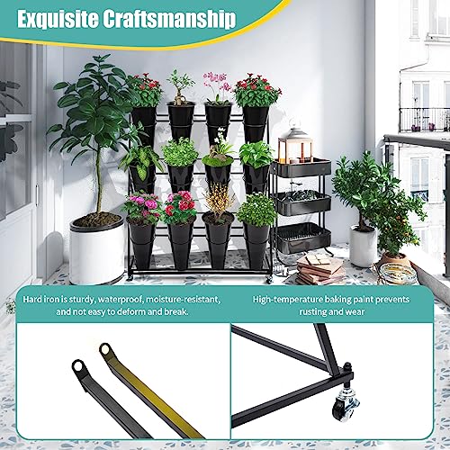 Flower Display Stand with 12 Black Round Buckets, 3 Layers Black Metal Plant Stand with Wheels, Moving Florist Bouquet Shelf for Fresh Flowers Shop Patio Garden Outdoor Flower Pop-Up Events