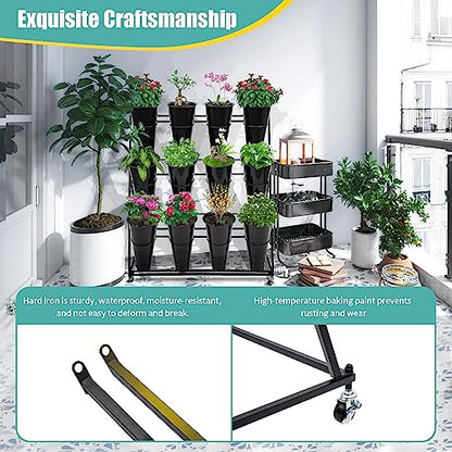 Flower Display Stand with 12 Black Round Buckets, 3 Layers Black Metal Plant Stand with Wheels, Moving Florist Bouquet Shelf for Fresh Flowers Shop Patio Garden Outdoor Flower Pop-Up Events