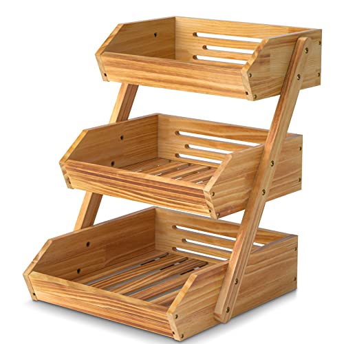 Merysen 3-Tier Wooden Fruit Basket For Kitchen Countertop, Self-assembly | Large Fruit Holder Stand, Vegetable, Snack, Bread Organzier and Storage - size: 3 Tier Wooden