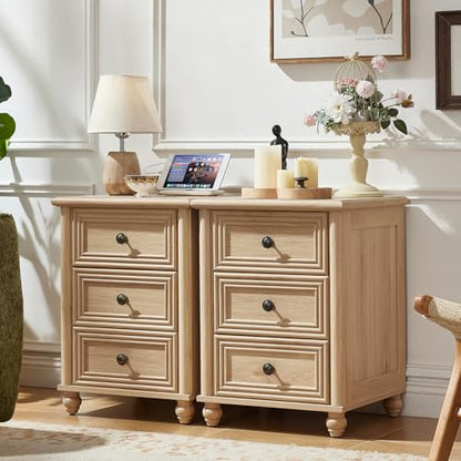 RWYHG 18" Night Stand with Charger Station, Nightstand with 3 Drawers | Farmhouse Modern Bedside Table, Metal Handle, Roman Column Legs, Natural Bed Side End Tables for Bedroom Living Room - color: Natural, size: 18"D x 18"W x 24"H (3 Drawers)