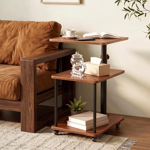 Rolling Side Table with Wheel for Living Room, Adjustable Height Swivel End Table for Different Seating Types, Ideal for Couch, Sofa, Recliner and Living Room, Natual Solid Wood - color: Natural Wood