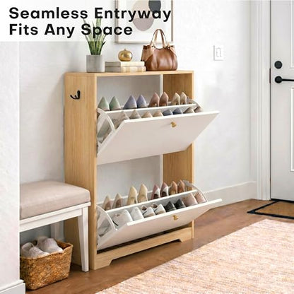 Nicetree Shoe Cabinet with 2 Flip Drawers, Narrow Shoe Organizer Cabinet, Freestanding Shoe Rack Cabinet, Modern Shoe Storage Cabinet for Entryway, Hallway, Foyer, Natural Oak and White with Hook - color: Natural Oak and White, style: 2-Drawers with Hook