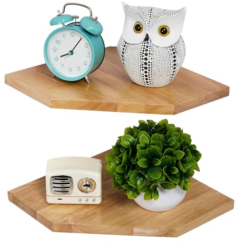 Corner Wall Shelves, Corner Floating Shelves Set of 2 Solid Oak Wood Display Shelf with Wire Hole Small Plant for Kitchen Living Room Natural - color: Natural Wood, size: 8.5inch(2PCS)
