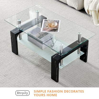 Living Room Rectangle Coffee Table, Tea Table Suitable for Waiting Room, Modern Side Coffee Table with Wooden Leg, Glass Tabletop with Lower Shelf, Black Marble Leg. - color: Black Leg