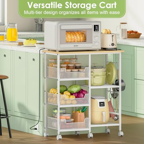 Rolling Kitchen Microwave Organizer Cart, Adjustable Shelves, White | Kitchen Island Storage Cart & Microwave Stand with Tilt-Out Baskets & Lockable Wheels, 27.75"L×15.35"W×32.9"H - color: White