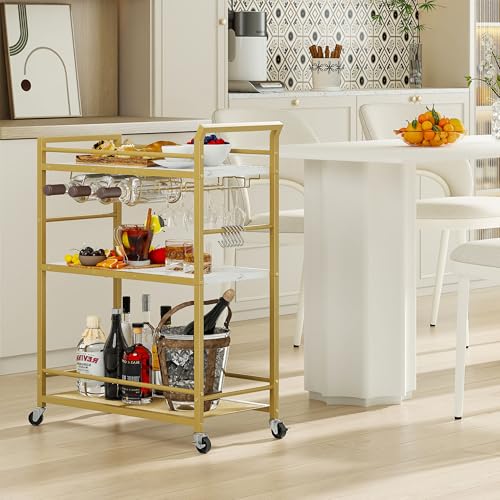3 Tier Bar Cart, Small Beverage Cart, Mini Bar Cart with Wine Rack, Compact Mini Bar Cart - Please Refer to the Exact Dimensions for Usage Matching Dimensions: 22" W × 13" D × 35.8" H GBC507G - color: Gold, size: General