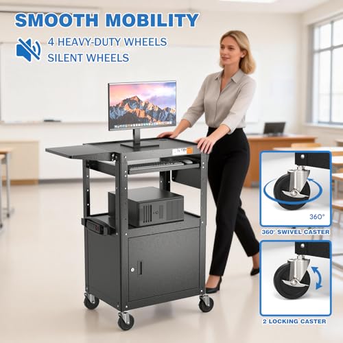 POCHAR Steel AV Cart with Locking Cabinet & Drop Leaves - Adjustable Height Media Carts with Wheels, Pullout Tray, Power Strip - Mobile Workstation Computer Cart for Office Classroom Shop Warehouse - style: Locking Cabinet with Drop Leaves (AVMTK)