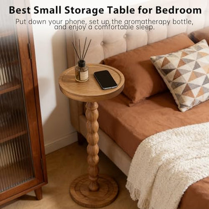 Small Round Side Table for Small Spaces | Wood Pedestal Drink Table & Narrow End Table for Living Room Couch, Modern Bedside Nightstand for Bedroom & Nursery (Walnut) - color: Walnut