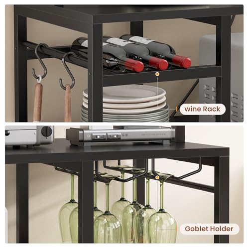 Itaar Bakers Rack with Power Outlet and LED Light, 47.2'' Microwave Stand with Storage, Kitchen Coffee Bar Cabinet with Glass Door, 4 Drawer, Wine Rack, Goblet Holder and 12 Hooks, Black - color: Black
