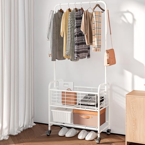 SUOERNUO Laundry Basket with Wheels Rolling Laundry Hamper Laundry Sorter Cart Shelf Hanging Rack,White - color: White