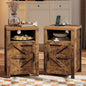 oneinmil Farmhouse Nightstand with Charging Station, Couch Side Table Set of 2, Bedside Table with Storage Space, End Tables with Barn Door, Bed Side Tables for Living Room and Bedroom, Rustic Brown - color: Brown