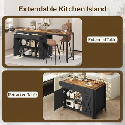 YATINEY Extendable Kitchen Island, Large Mobile Kitchen Storage Island, Rolling Kitchen Cart with Outlets, Island Table for Kitchen, Rustic Brown ZD03UBR - color: Rustic Brown + Black