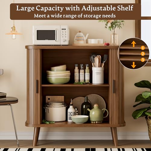 Sideboard Buffet Cabinet with Sliding Door, 31.5" Wide Fluted Modern Accent Storage Cabinet with Adjustable Shelves, Wood Coffee Bar Buffet Console Table for Kitchen, Dining Room, Living Room, Walnut - color: Walnut