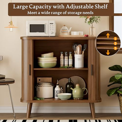 Sideboard Buffet Cabinet with Sliding Door, 31.5" Wide Fluted Modern Accent Storage Cabinet with Adjustable Shelves, Wood Coffee Bar Buffet Console Table for Kitchen, Dining Room, Living Room, Walnut - color: Walnut