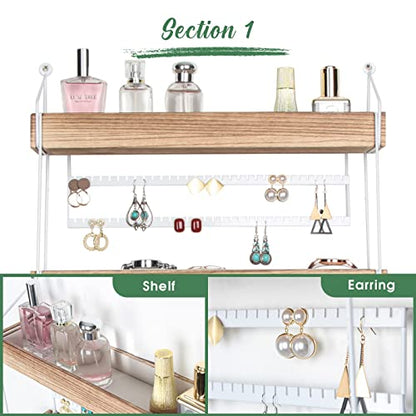 J JACKCUBE DESIGN Wall Mounted 3 Tier Wooden Jewelry Organizer Rack with Accessories Storage Shelf and 18 Metal Earring, Necklace Hooks- MK907A