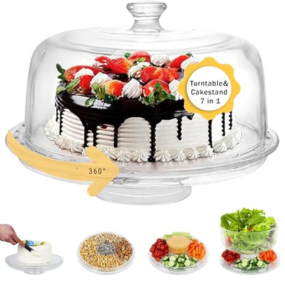 7in1 Rotating Multifunctional Acrylic Cake Stand with Lid & Cake Turntable | 12" Cake Turntable for Decorating Kit Serving Salad Bowl/Veggie Platter/Punch Bowl/Desert Platter - BPA Free - style: Multifunctional Cake Stand & Turntable