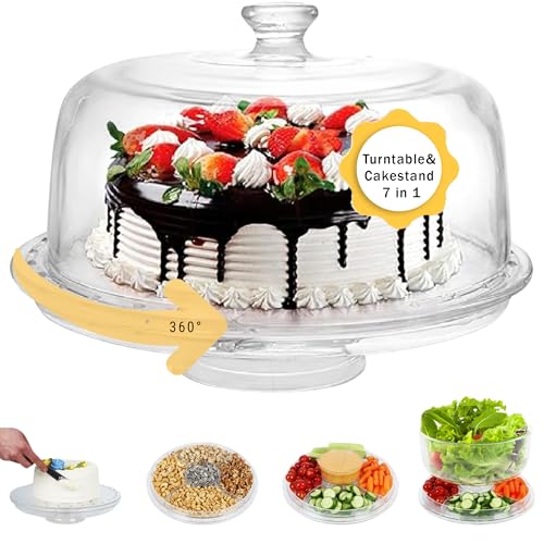 7in1 Rotating Multifunctional Acrylic Cake Stand with Lid & Cake Turntable | 12" Cake Turntable for Decorating Kit Serving Salad Bowl/Veggie Platter/Punch Bowl/Desert Platter - BPA Free - style: Multifunctional Cake Stand & Turntable