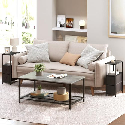 TUTOTAK Small Narrow End Table with Charging Station, Set of 2, Side Table with Outlets, Nightstand with 2 Cloth Drawers, Couch Table, for Living Room, Bedroom, Bedside, Black TB01BK055 - color: Black, style: 2 Drawers & Plug