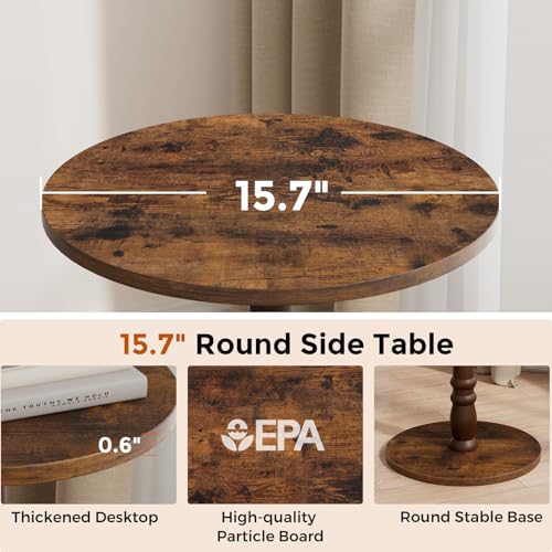 Homleke 16" Round Side Tables, Solid Wood Pillar with Wood Top & Base, Small Drink Accent Table for Living Room, Bedroom, Sofa & Office, Easy Assembly, Rustic Brown - color: Rustic Brown
