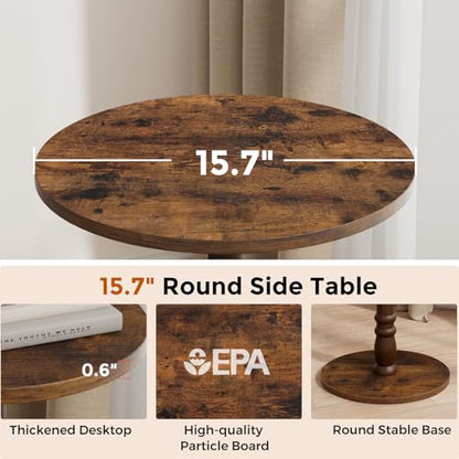 Homleke 16" Round Side Tables, Solid Wood Pillar with Wood Top & Base, Small Drink Accent Table for Living Room, Bedroom, Sofa & Office, Easy Assembly, Rustic Brown - color: Rustic Brown
