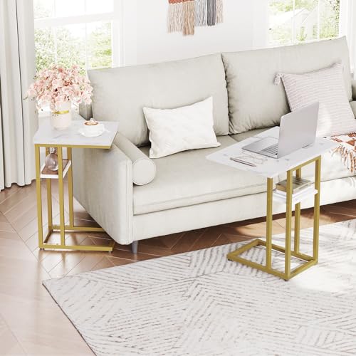 HOOBRO Foldable C Shaped End Table, C Shaped Side Table with Storage Shelf, Small Snack Table, Slide Under Couch Table for Sofa, Living Room Bedroom Small Spaces Easy Assembly, Gold DM29SF01 - color: Marble + Gold