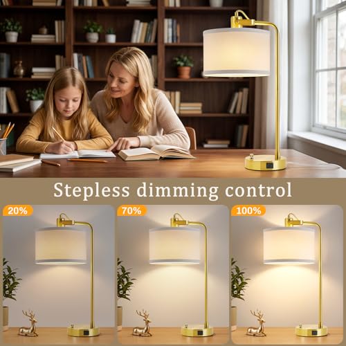 24‘’ Gold Table Lamp Set of 2 with USB A and C Ports, 180° Adjustable Stepless Dimming Bedside Lamps for Night Stands, E26 Bare Bulb Compatible, Industrial Nightstand Lamp, 9W LED Bulb Included - color: Gold-A