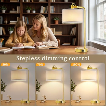 24‘’ Gold Table Lamp Set of 2 with USB A and C Ports, 180° Adjustable Stepless Dimming Bedside Lamps for Night Stands, E26 Bare Bulb Compatible, Industrial Nightstand Lamp, 9W LED Bulb Included - color: Gold-A