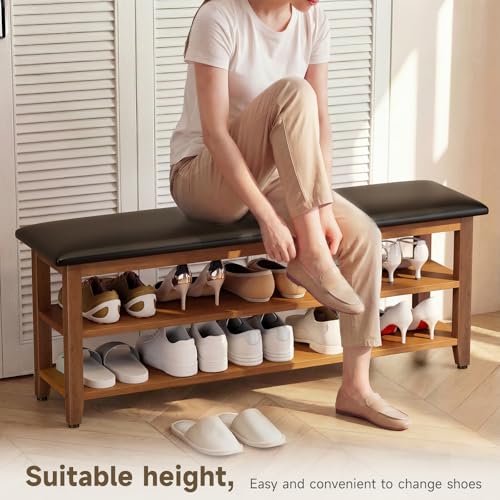 Shoe Bench with Leather Cushion,Rubberwood Bench with Shoe Rack | 2-Tier Shoe Storage Organizer for Entryway,Hallway,Living Room - size: 2-Tier-47.3"