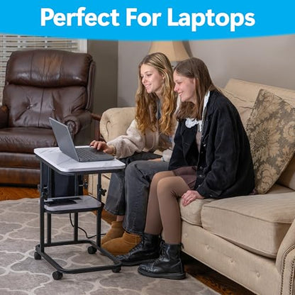 C Shaped End Table with Charging Station, Adjustable Height with Lockable Wheels & Storage Pouch, Rolling Side Table Slide Under Couch Laptop Desk, Small Sofa Table for Living Room (Large) - size: Large