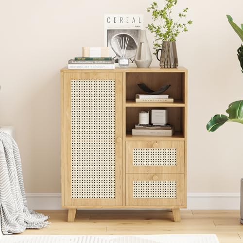 Farini 27.6" Buffet Cabinet with 2 Drawer and Rattan Doors,Kitchen Sideboard for Dining Room, Hallway & Living Room, Coffee Bar Storage Console Table,Natural - color: Natural, size: 27.6 inch-Drawers