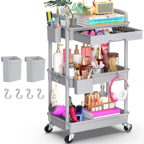 Goovilla 3 Tier Rolling Utility Cart Organizer with Removable Drawer, Stable and Sturdy Grey Rolling Storage Carts with 2 Lockable Wheels for Bathroom, Kitchen, Snack, Craft, Makeup, Baby Essentials - size: 3 Tier, style: Gray