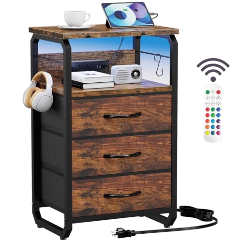 runjuly Night Stand with Charging Station, LED Nightstand with 3 Fabric Drawers and Hooks, Small End Table with Light and USB C Port, Storage Side Table for Bedroom, Rustic Brown - color: Rustic Brown, style: 3 Drawers
