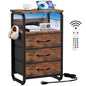 runjuly Night Stand with Charging Station, LED Nightstand with 3 Fabric Drawers and Hooks, Small End Table with Light and USB C Port, Storage Side Table for Bedroom, Rustic Brown - color: Rustic Brown, style: 3 Drawers