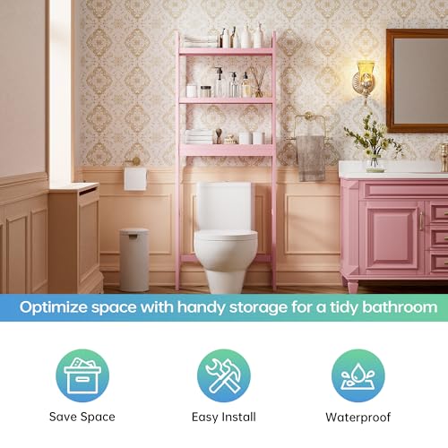 SMIBUY Bathroom Storage Shelf, Bamboo Over-The-Toilet Organizer Rack, Freestanding Toilet Space Saver with 3-Tier Adjustable Shelves (Pink) - color: Pink