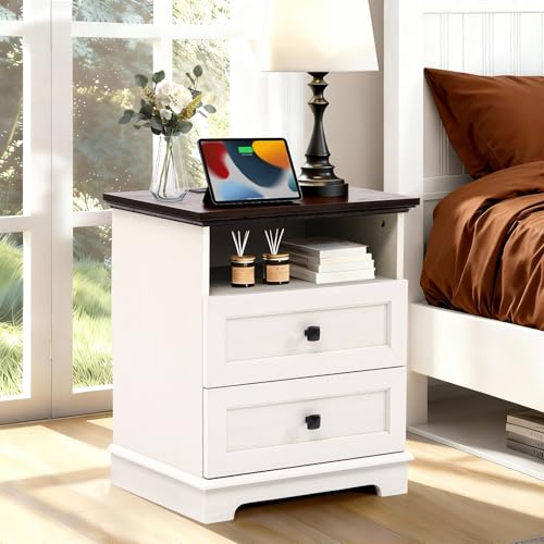 20" Modern Nightstand with Charging Outlets 2 Drawers Open Shelf White | Built-in charging: 2 AC outlets, 2 USB-A & Type-C, 2 drawers + open shelf, sleek modern design for bedroom/office - color: White, size: 15"D x 20"W x 24"H (2 Drawers)