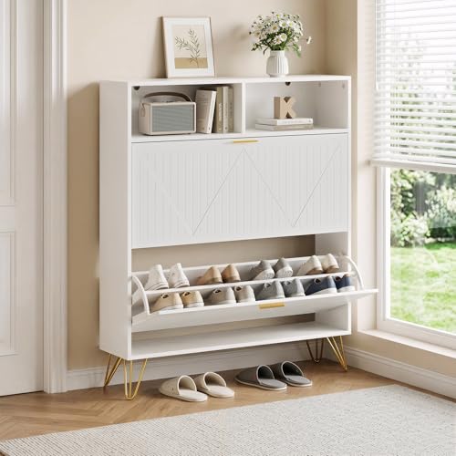JOZZBY Shoe Cabinet Storage with 2 Striped Flip Drawers, Freestanding Slim Shoe Organizer Cabinet with Top Shelves, Narrow Shoe Rack for Entryway, Hallway, Living Room, White - size: Striped