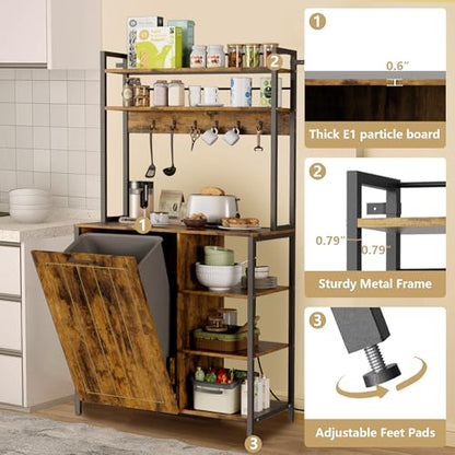 Kitchen Bakers Rack with Storage Shelf - 6-Tier Microwave Stand Oven Cabinet W/Tilting Trash Can Bin and Power Outlet, Farmhouse Thickened Coffee Bar Table Station W/6 Hooks&Adjustable feet - color: Brown