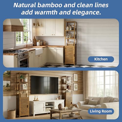 HITNET Bathroom Cabinet, Bamboo Floor Cabinet Freestanding Narrow Storage Unit with Removable Shelves, 6 Tier Tall Cabinet, Walnut - color: Walnut