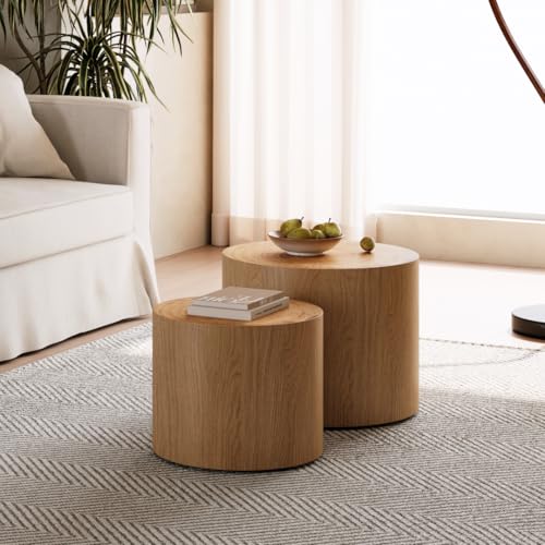 Nesting Coffee Table Set of 2, Modern Round Coffee Table, Wooden Circle Accent Tables for Small Spaces Living Room Bedroom Balcony Office Drum Side Table, Natural Wood - color: Natural Wood