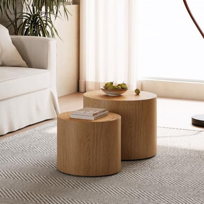 Nesting Coffee Table Set of 2, Modern Round Coffee Table, Wooden Circle Accent Tables for Small Spaces Living Room Bedroom Balcony Office Drum Side Table, Natural Wood - color: Natural Wood
