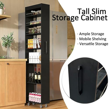 7-Shelf Tall Narrow Storage Cabinet with Wheels, 71 Inch, Black | Slim Pull-Out Organizer, 7.87 Inch Wide for Small Spaces Between Washer/Dryer, Kitchen, Bathroom and Laundry Room - color: E-black