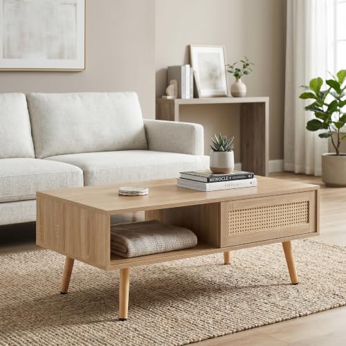 Meihua Rattan Coffee Table with Sliding Door Storage, Mid Century Modern Center Table with Open Shelf and Hidden Compartment, Natural Wood Coffee Table with Solid Wood Legs for Living Room, Apartment - color: Natural