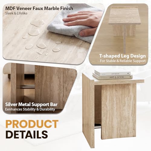 Modern End Table with Faux Travertine Finish Top, Natural Beige Wood Side Table, Space-Saving Sofa Table, Small Accent Nightstand Table for Living Room, Bedroom, Small Apartment Space - color: Beige