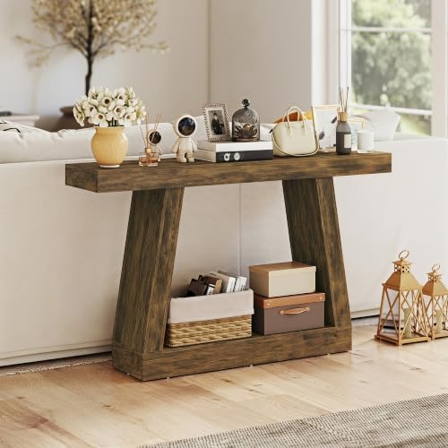 HOMCOM 55.1" Narrow Entryway Table with Thickened Tabletop Rustic Brown | 2-Tier Farmhouse Console Table, Storage Shelf, Trapezoidal Base, for Behind Couch Sofa, Living Room, Hallway, Entrance - size: 55.1" W