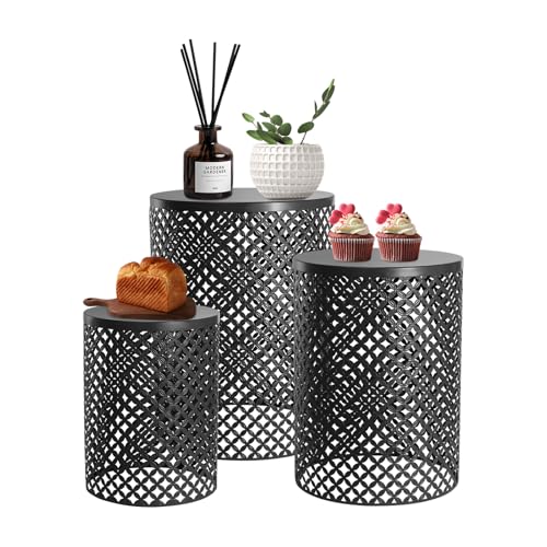 Outdoor Side Table, 3PCS Round Metal Frame Coffee End Tables, Modern Decorative Garden Stool, Multifunctional Nesting Side Table for Garden, Balcony, Cafe, Park, Pool Side (Black)