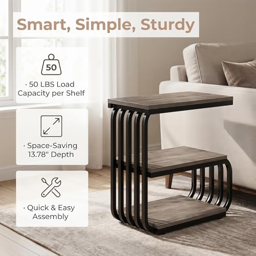 Tribesigns Small Narrow End Table with Storage Shelf, Industrial Side Tables with Curved Metal Frame, 3-Tier Accent Table and Nightstand for Living Room, Bedroom, Small Space (1, Grey) - color: Grey