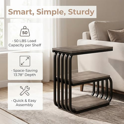 Tribesigns Small Narrow End Table with Storage Shelf, Industrial Side Tables with Curved Metal Frame, 3-Tier Accent Table and Nightstand for Living Room, Bedroom, Small Space (1, Grey) - color: Grey