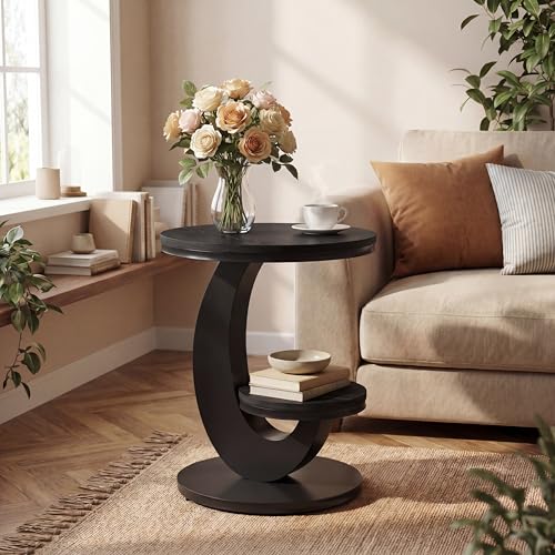 Tribesigns Round End Table with 2-Tier Shelf Storage,C Shaped Wood Side Table for Couch with Metal Frame,Modern Nightstand Accent Table for Living Room,Bedroom,Small Space,Black - color: Black