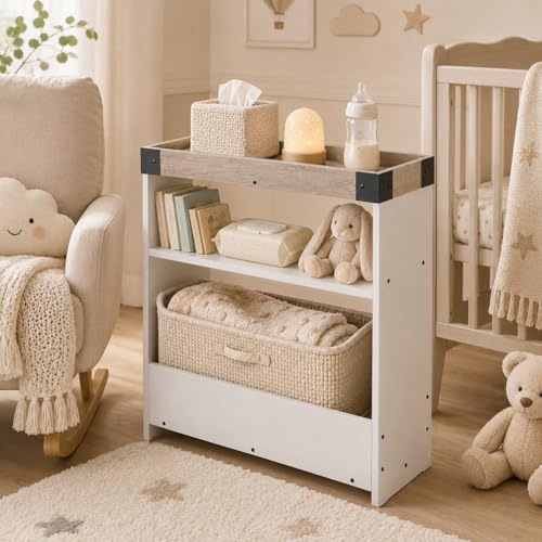 Farmhouse Narrow Side Table with Tray Top & Magazine Rack, Oak & White Sofa Couch Side Table with Storage Shelf, 24" Slim End Table for Small Spaces, Modern Nightstand for Bedroom, Living Room - color: White & Oak